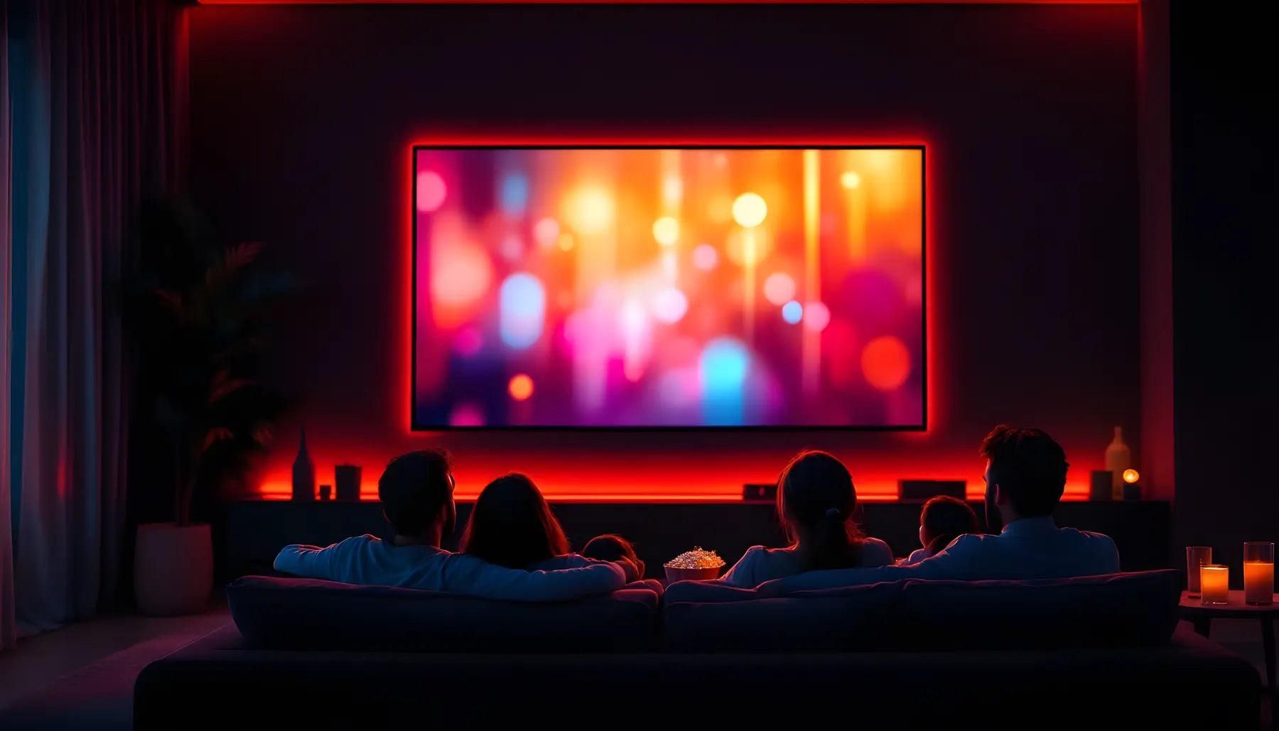 عائلة تتفرّج في فيلم على شاشة كبيرة، في صالون مضوّي بالأحمر