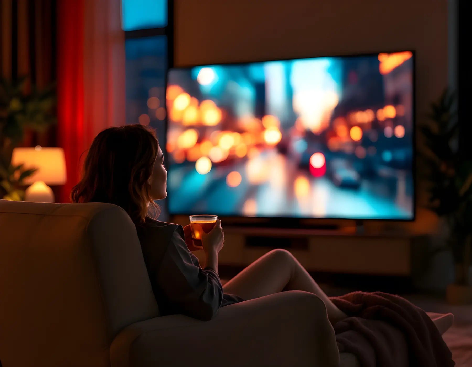 Femme se détendant le soir devant la télévision avec un thé
