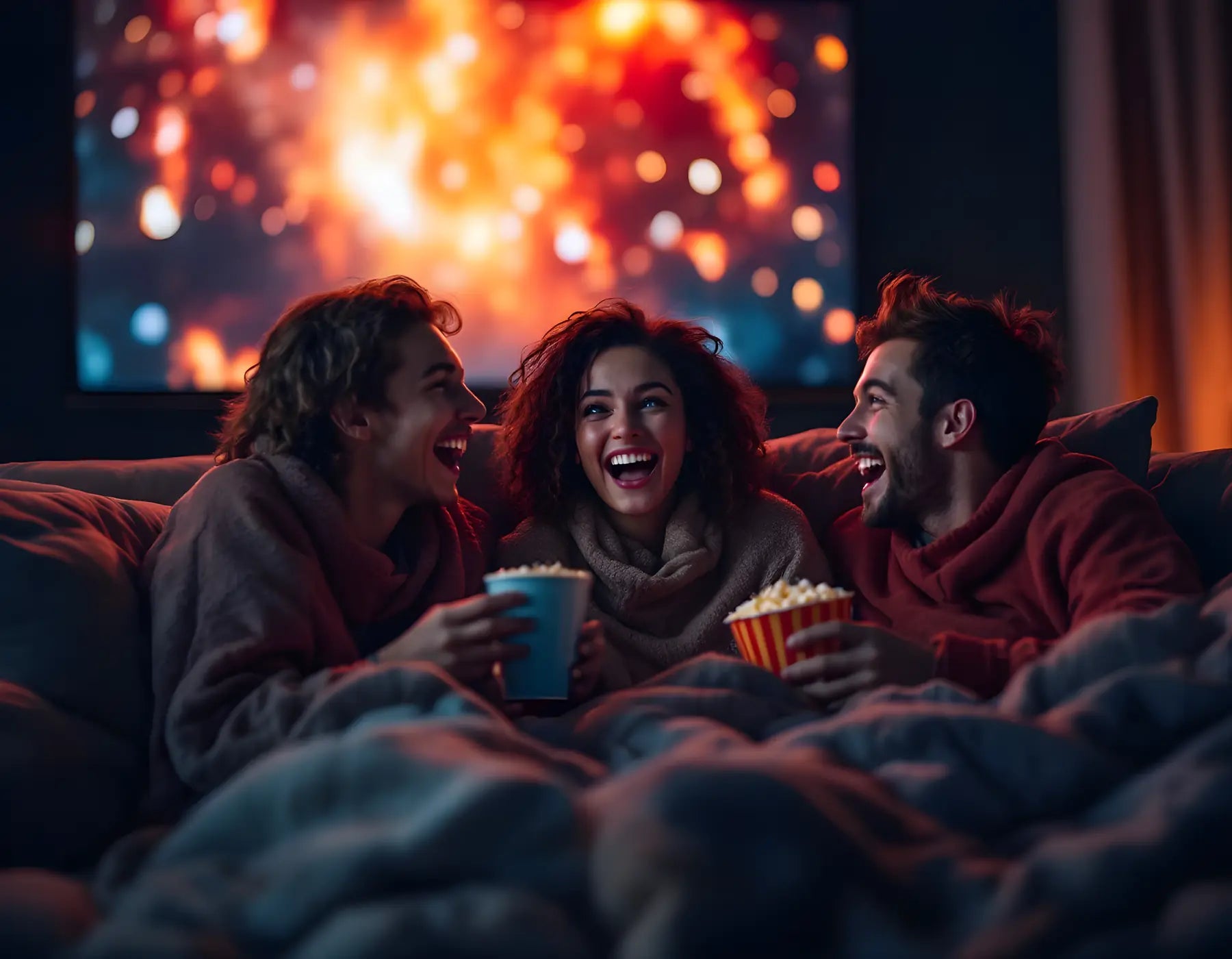 صحاب فرحانين قدّام فيلم في الدار